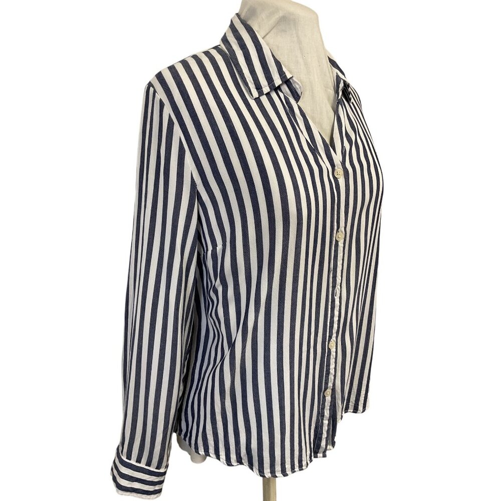 Alexander Jordan Blue & White Striped Button-Down Rayon Blouse Size L - Picture 2 of 5